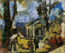 Raking Leaves Charles Logasa Herbst Blätter Rechen Garten Bäume Hütte B A3 01085