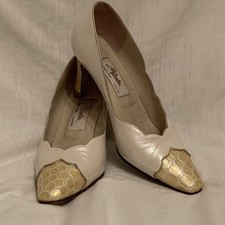 Vintage Renata Leather Cream & Yellow Court Shoes 3 Inch Heel With Textured Toe