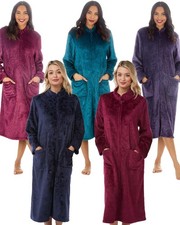 Ladies Embossed Zip Robe Soft Feel Coral Fleece Dressing Gown Nightwear