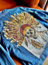 OOAK , custom made Denim Jacket, Hand painted American Indian Headdress Jean