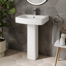 Modern Bathroom Square Basin Sink Full Pedestal Single Tap Hole White Ceramic