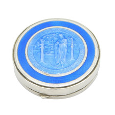 Sterling Silver Blue-White Enamel St Bartholomew Mirror Compact Antique 1930