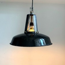 Vintage French Black Enamel Industrial Light Shade with Great Patina