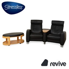 Stressless Arion Leather Two-Seater Ottoman Coffee Table Wheels Black Manual