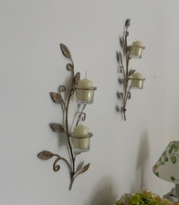 Metal leaf candle sconces pair distressed gold with glass candle holders