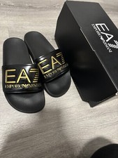 Women’s EA7 Emporio Armani Sliders Black & Gold Size 4 Original With Box And Tag