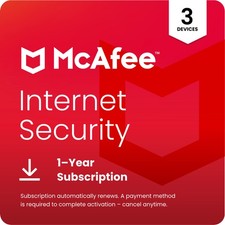 McAfee Internet Security Antivirus 2025 3 Devices 1 Year Auto-Renewal - Digital