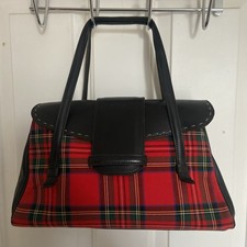 J&M Davidson Black Leather Red Tartan Checked Shoulder Tote Bag 14x9”  Rare 