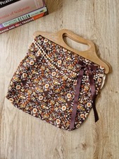 Vintage Wooden Handled Lambretta Handbag Brown Floral Print Pearl Craft Bag 80s