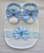 Romany Baby Booties And Bib Set Blue Bows And Lace 0-3 Months