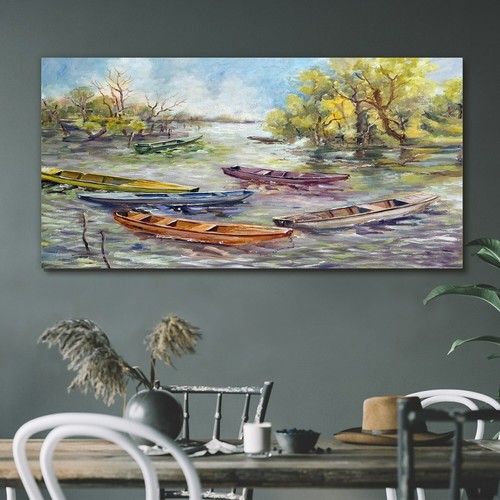 Painting lake boats trees sky - boats,