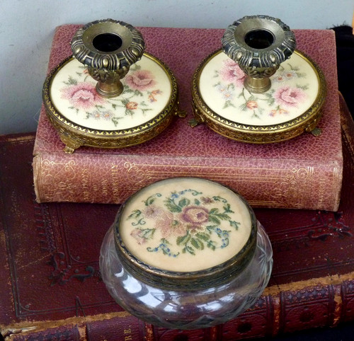 Petit point embroidered candle