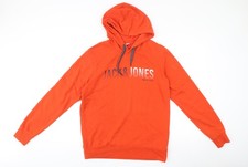 Jack & Jones Mens Orange Pullover Hoodie M Graphic Logo Cotton Blend