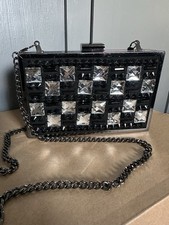Carvela by Kurt Geiger Clutch Box Gem Bag Silver Mirror Black Evening Bag Chain