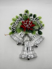 Vintage Silver Merry Christmas Bell Wall Hanging Door Decoration 1980s Retro Z9