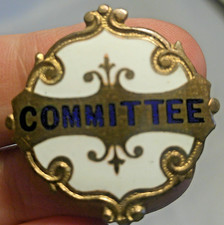 Vintage Fancy Border/Shape Enamel Committee Badge Gold & White w. Blue Writing