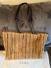 NEW ZARA Boho Tan Brown Boucle Frayed Fabric Chain Shoulder Tote Bag Handbag