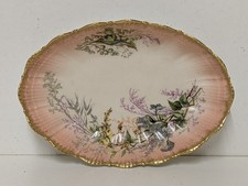C. 1900 M. Redon Limoges Finely Scalloped Oval Dish, Peach, Gilt, Meadow Flowers