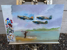 Painting on canvas panel man by boat pointing at 3 planes BRE071022N