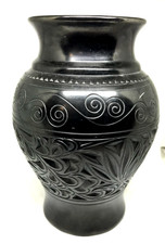 Vintage ebonized black polished Chinese Mantel Cabinet Vase incised Floral decor