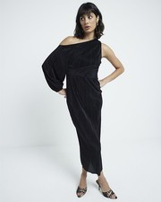 River Island Womens Midi Bodycon Dress Black Plisse Asymmetric Neck Long Sleeve