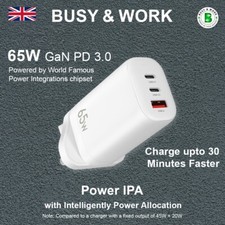 65W GaN USB C Plug Charger 3-Port Fast USB C Charger for MacBook &Air/Galaxy