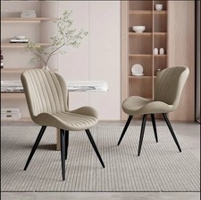 Set of 2 Modern Upholstered Dining Chairs with Armrests & Metal Legs BEIGE