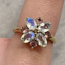 9 ct Gold Moonstone Ring With Pink Tourmaline Yellow Gold - Size N