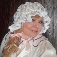 Ladies White Lace Mop Hat Victorian Maid Fairy Tale Fancy Dress Costume
