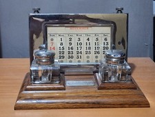 ART DECO style Chromium Plate/Oak Desk Set, Calendar,  Ink Wells, Silver Plaque.