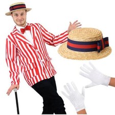 MENS BERT COSTUME RED WHITE STRIPED BLAZER BOATER HAT AND GLOVES WORLD BOOK DAY