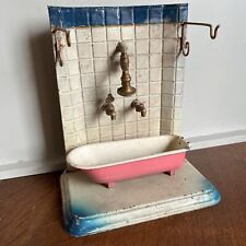 Rare Vintage Dolls House Tin Plate Shower Cubicle Metal Fittings Taps With Bath