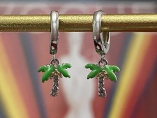 Coconut Palm Tree Dangle Hoop Earrings in 925 Silver•Green Enameled Hoops ∙A1249