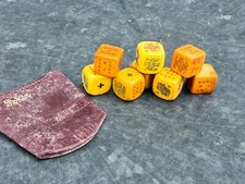 ANTIQUE POKER DICE SET WITH LEATHER POUCH RARE GRAPHIC FACES OLD CASINO BAKELITE
