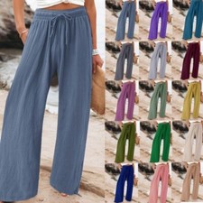 Womens Baggy Loose Plain Wide Leg Pants Ladies Casual Holiday Trousers Plus Size