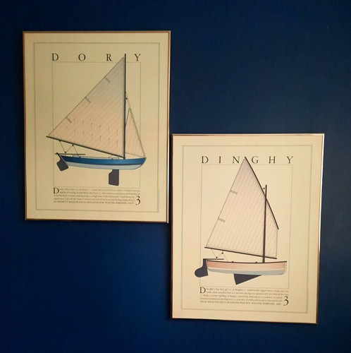 Vintage pair framed boat - pair,