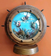 Vintage Retro 50s Wooden Ships Wheel Tabletop Lamp Light Kitsch Butterfly Scene 