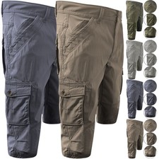 Mens 3/4 Cargo Shorts 4 Way Stretch Nylon Long Length Gym Running Utility Fit