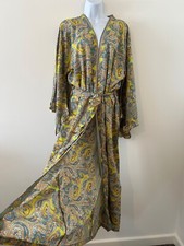 SILK Kimono Long Yellow Blue Vintage Boho Folk Gown Maxi Robe Indian One Size
