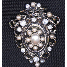 Vintage Victorian Brooch Pin Silver Tone Rhinestone Faux Pearls with Gift Box