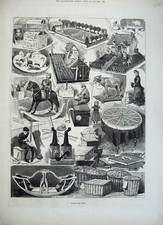 Old Antique Print 1882 Home Made Toys Rocking Horse Donkey Dolls Farm Art 19th