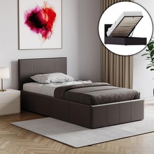 SALE Single Bed Ottoman Faux Leather Slatted Wood Bed Storage Frame Brown