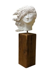 Unique Solid Plaster Bust - Wind Swept Woman - on Wooden Plinth - 52cm Tall