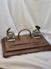 Antique Oak Double Partners Inkwell Stand Pen Holder Brass Lids Handle Desk Tidy
