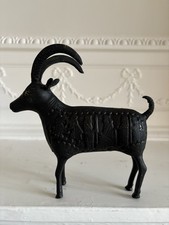 Vintage Black Painted Brass Goat Sculpture with Relief Detail Folk Art Figurine