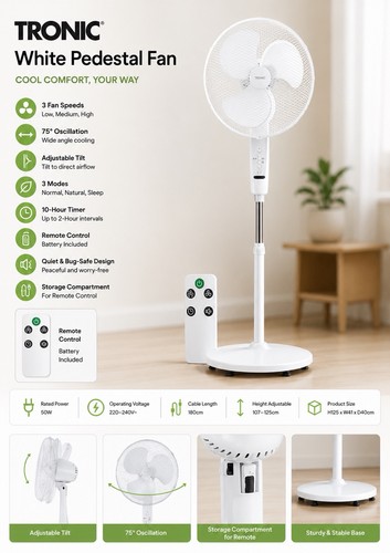 Tronic white pedestal fan - white,