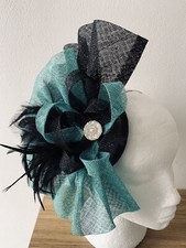Bespoke Handmade Wedding Fascinator Black And Jade Sinamay Pearl And Diamante