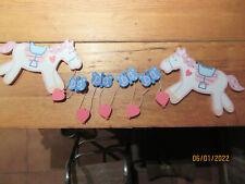WOODEN PINK HORSES PONIES CHILD BEDROOM NURSERY HANGING CARD ROSETTE DECORATION