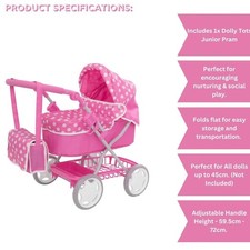Dolly tots Pink Junior Pram Pink & White Spot with change bag
