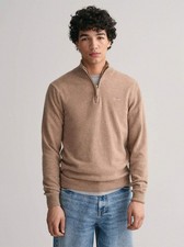 GANT Mens Dark Sand Melange Superfine Lambswool Half Zip Sweater